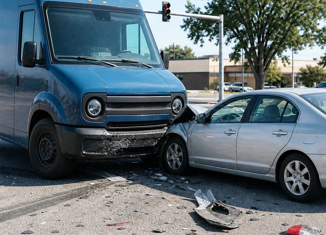 A blue delivery van that has crashed into the front of a silver sedan at an intersection