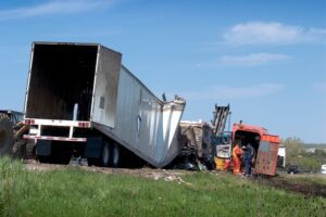 Commercial truck accident aftermath on a Georgia highway, highlighting potential injury and legal complexity.