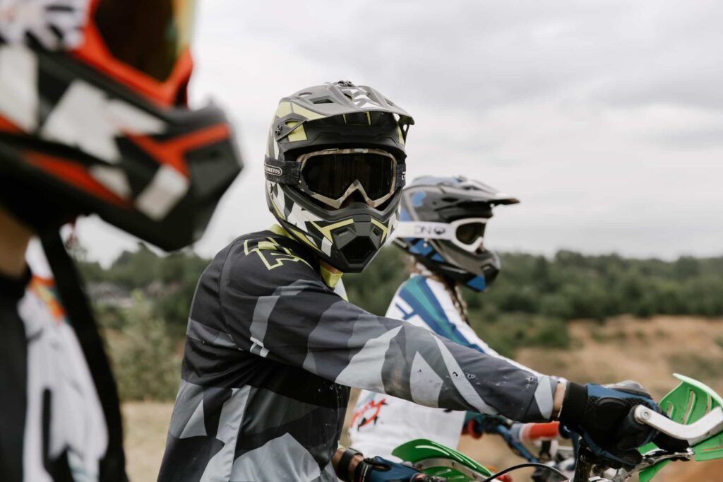 Rider with protective goggles and helmet, emphasizing Georgia’s eye protection requirement.