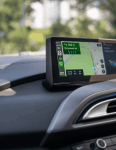 Closeup on car dashboard GPS in a rideshare vehicle.